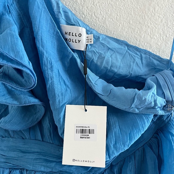 NWT HELLO MOLLY | Frill Detail Find Out One Shoulder Midi Dress Blue | Size XL - Picture 9 of 16
